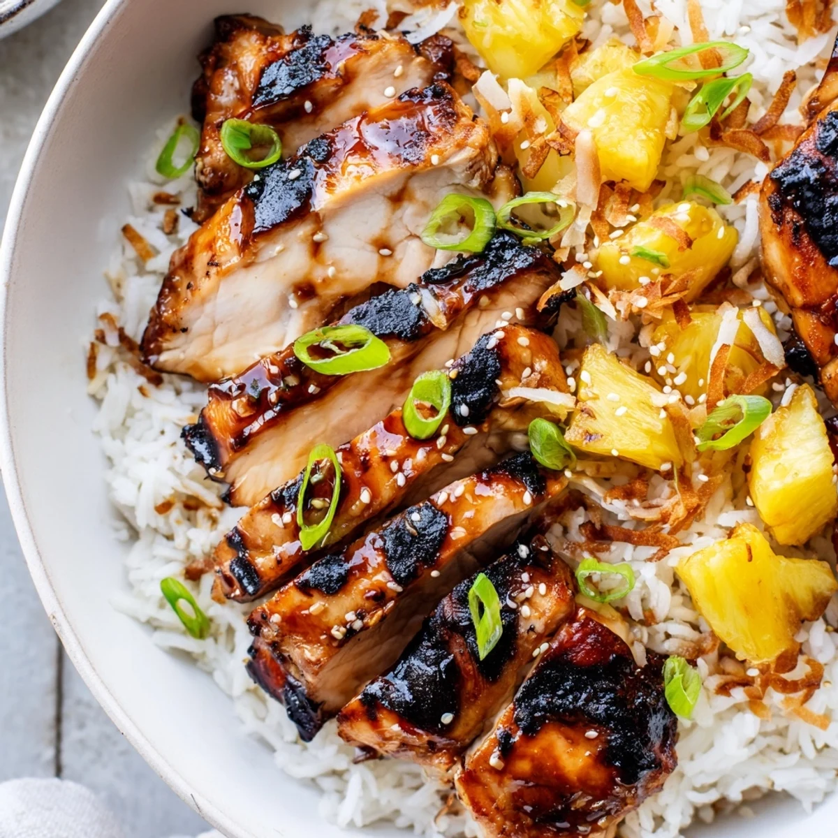 Tender caramelized Hawaiian chicken served over creamy coconut rice with fresh pineapple chunks