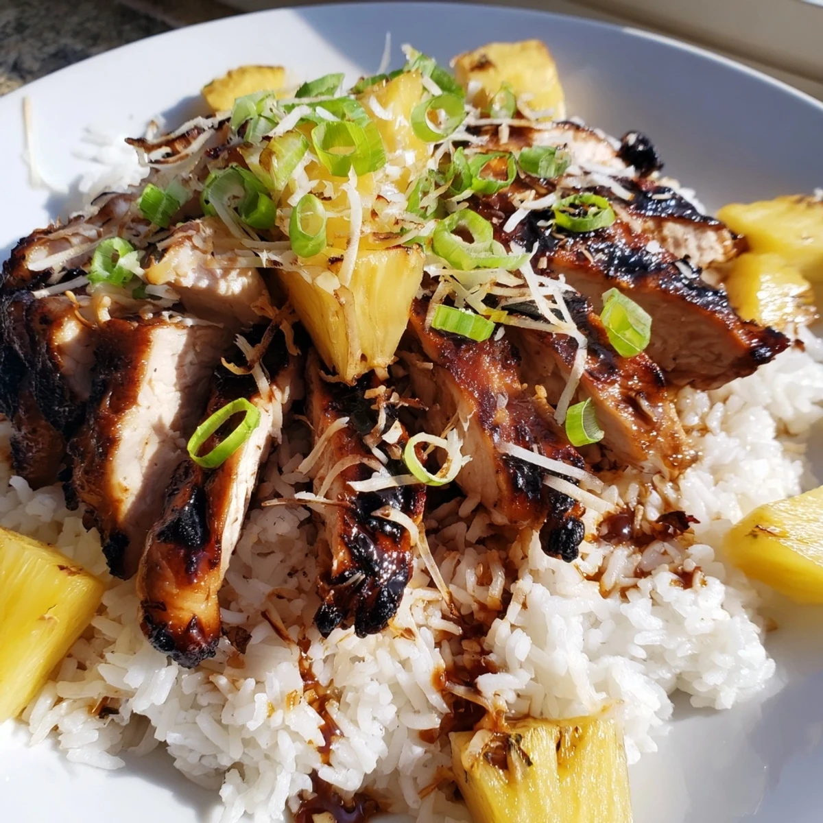 Grilled Hawaiian chicken with glossy teriyaki glaze nestled on fluffy coconut rice