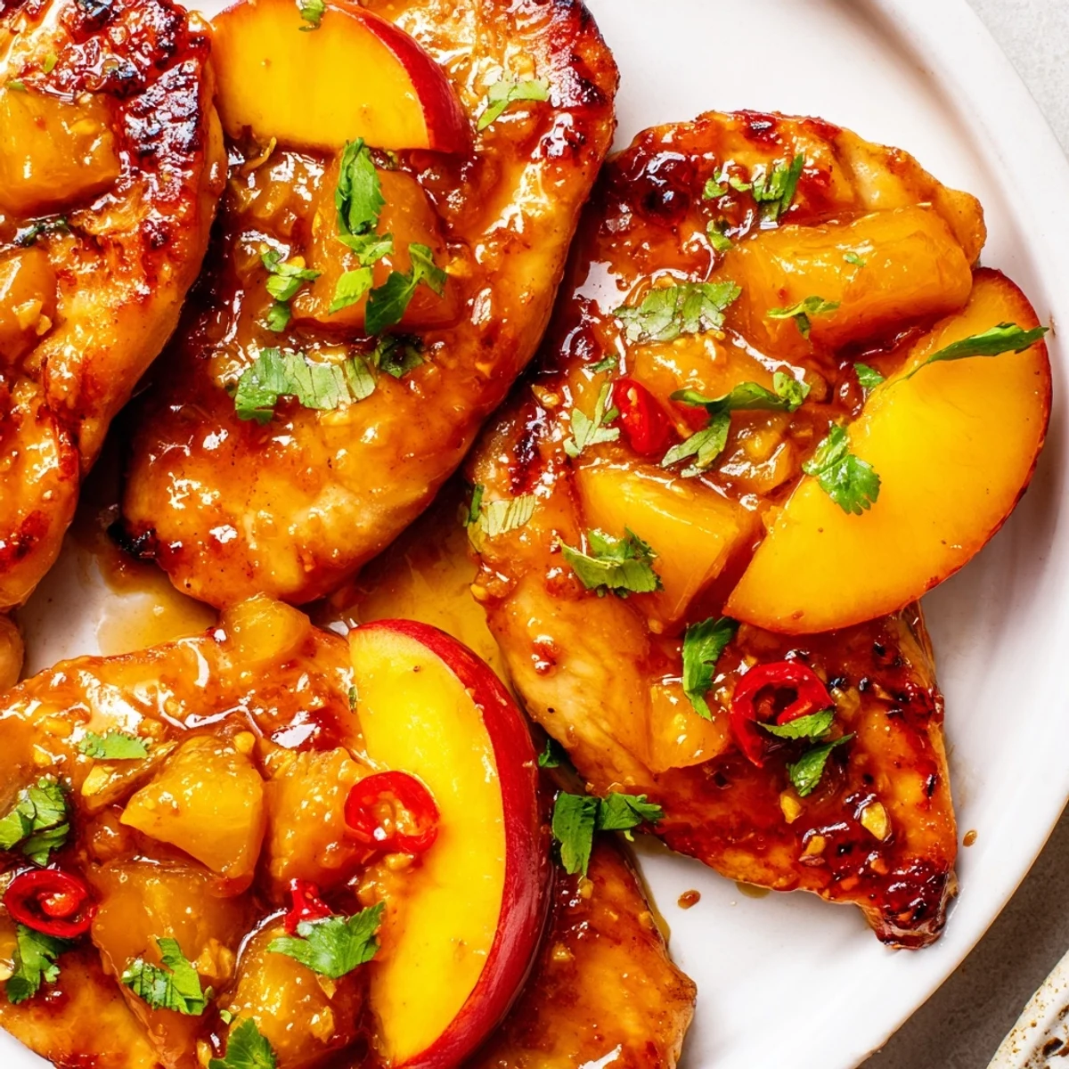 Juicy Jalapeno Peach Chicken glazed with sweet-spicy sauce on a white dinner plate