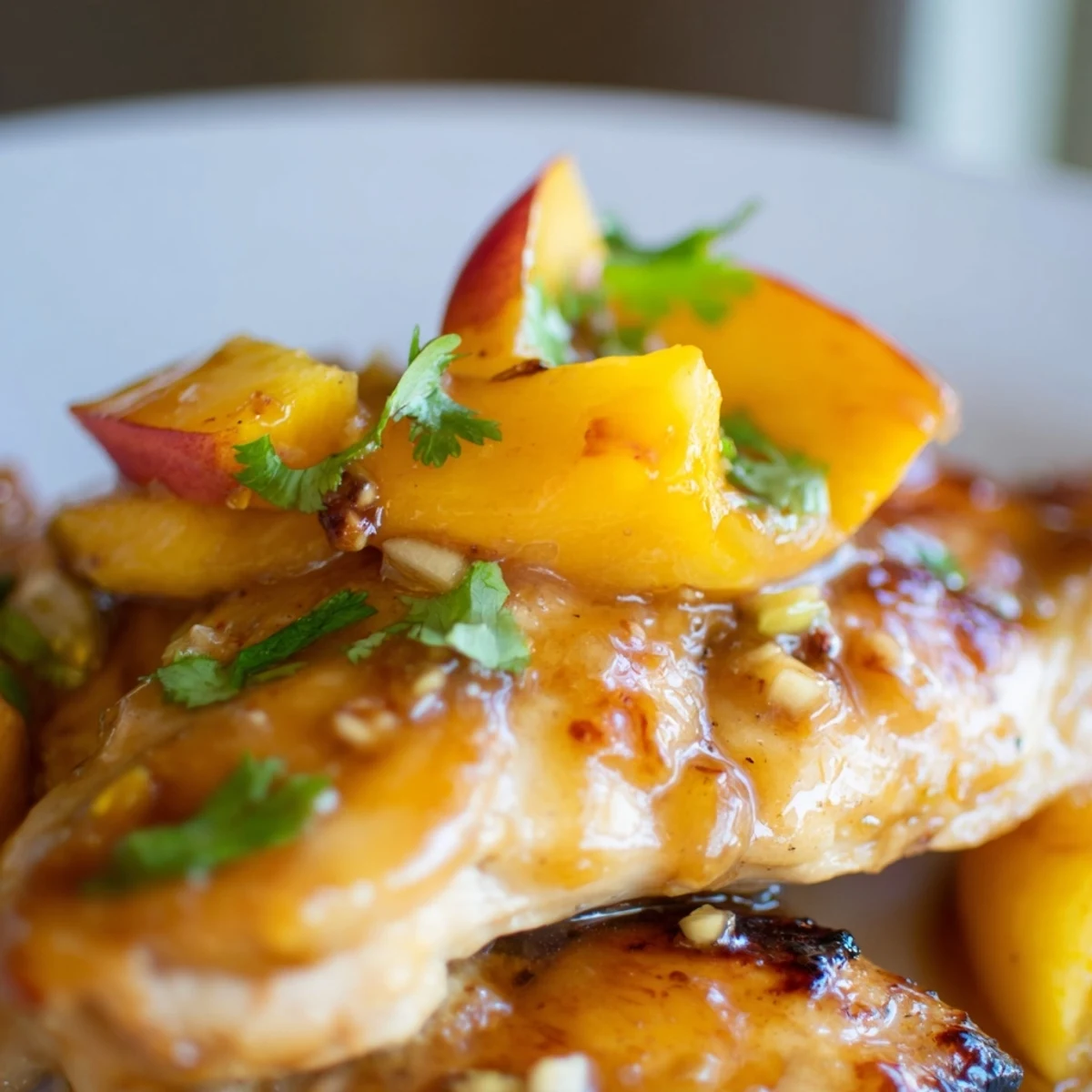 Golden seared Jalapeno Peach Chicken topped with fresh peach slices and cilantro garnish