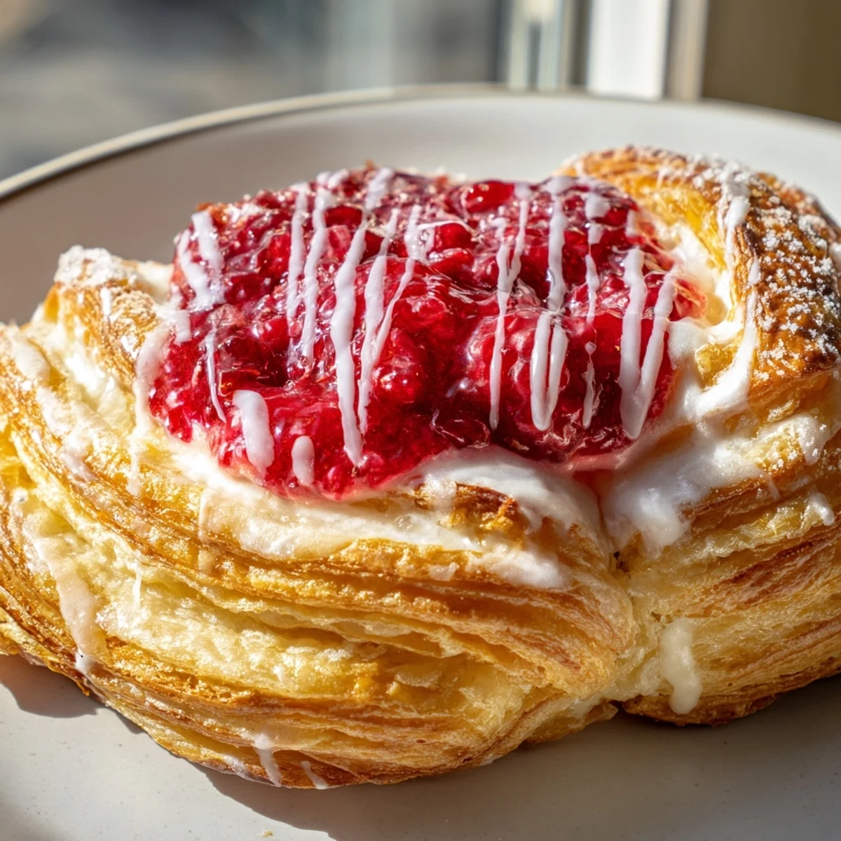 Golden sourdough discard raspberry cream cheese danishes drizzled with sweet vanilla glaze on a rustic baking sheet