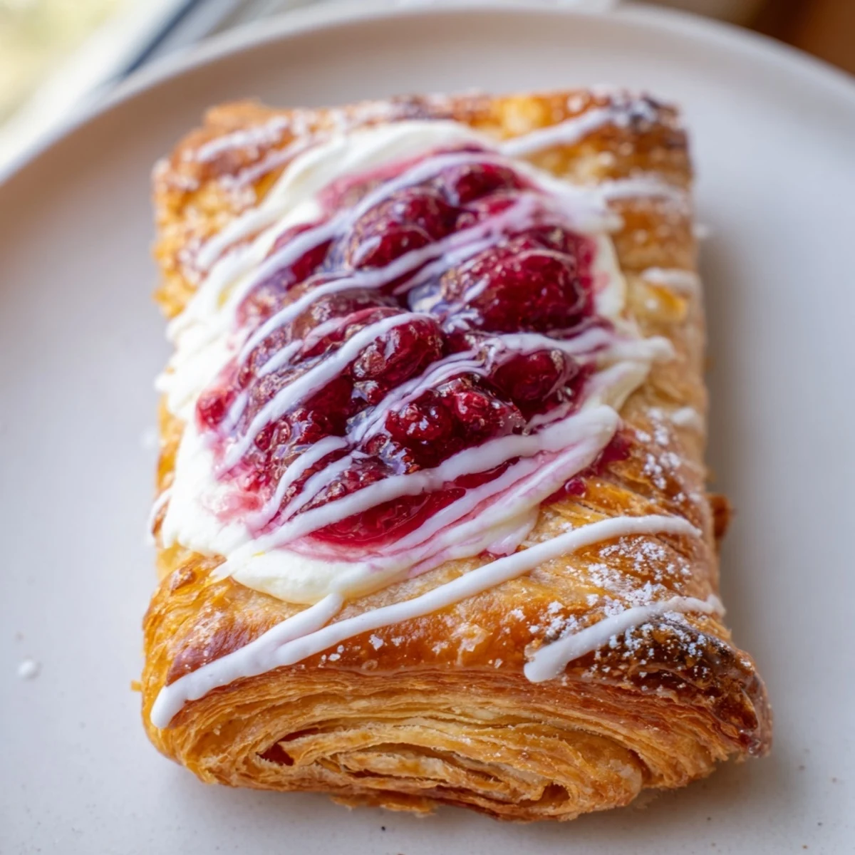 Flaky pastries filled with tangy cream cheese and ruby raspberries, topped with powdered sugar icing