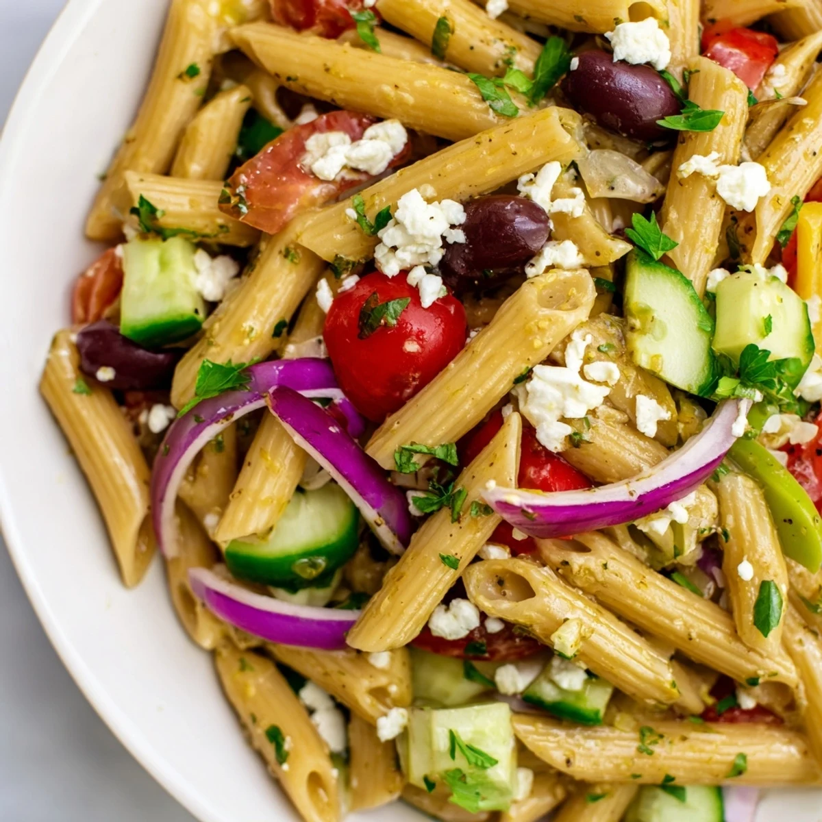 Colorful Greek pasta salad featuring crisp vegetables, tangy feta, and herb dressing in a serving dish