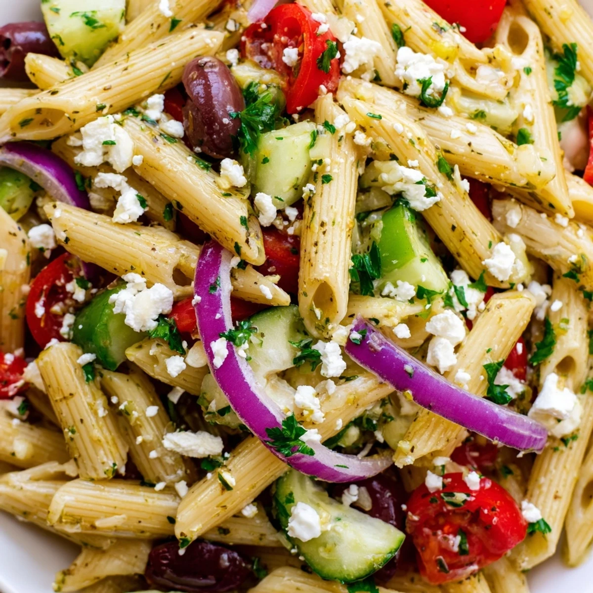 Greek pasta salad in a white bowl with cherry tomatoes, cucumber, olives, and crumbled feta cheese
