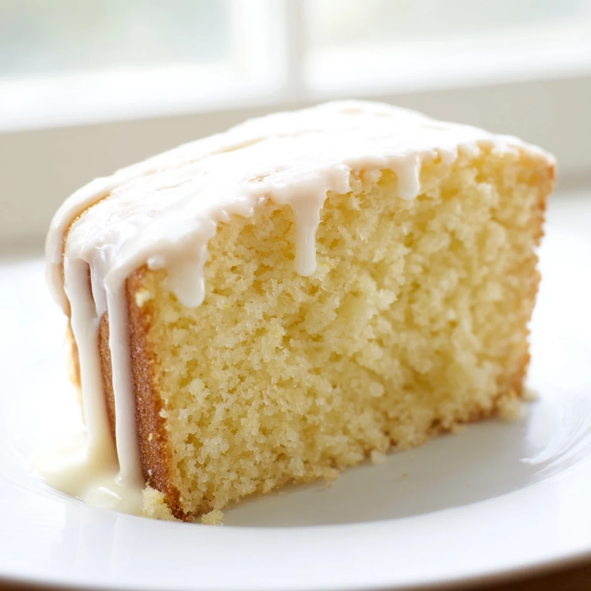 Golden church cake with vanilla glaze drizzled over a moist tender sponge ready for sharing