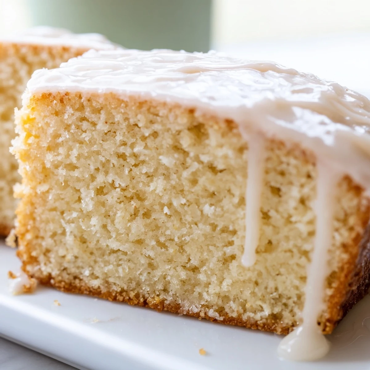 Slice of classic church cake on a plate showcasing its soft fluffy vanilla crumb