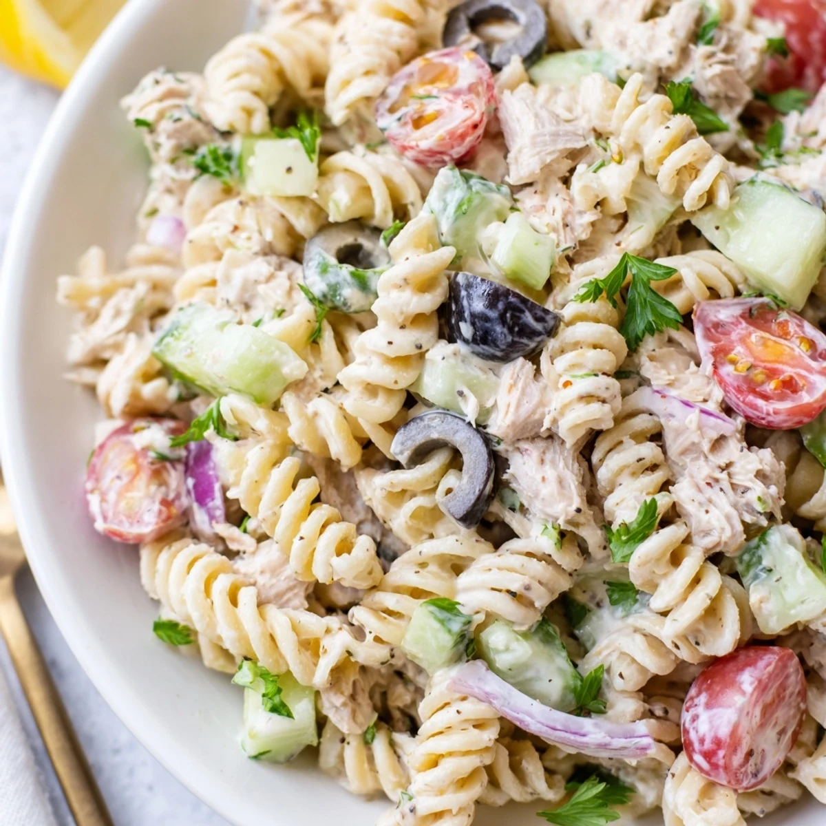 Creamy tuna pasta salad loaded with crisp vegetables and tender noodles in a tangy dressing