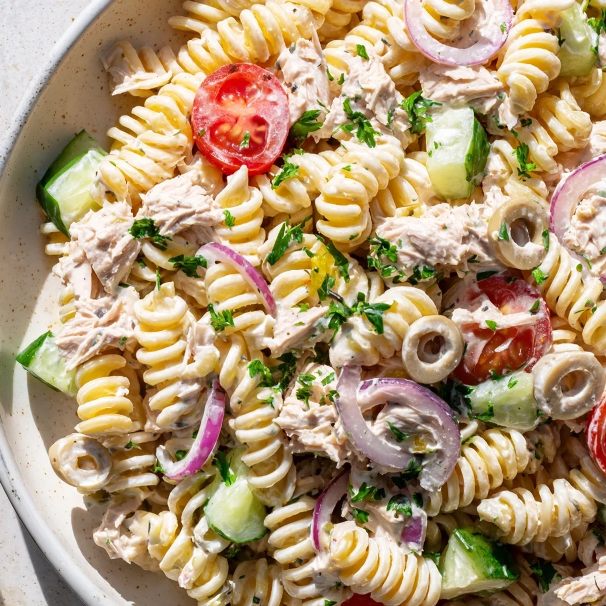 Chilled tuna pasta salad in a serving bowl with colorful diced vegetables and creamy coating