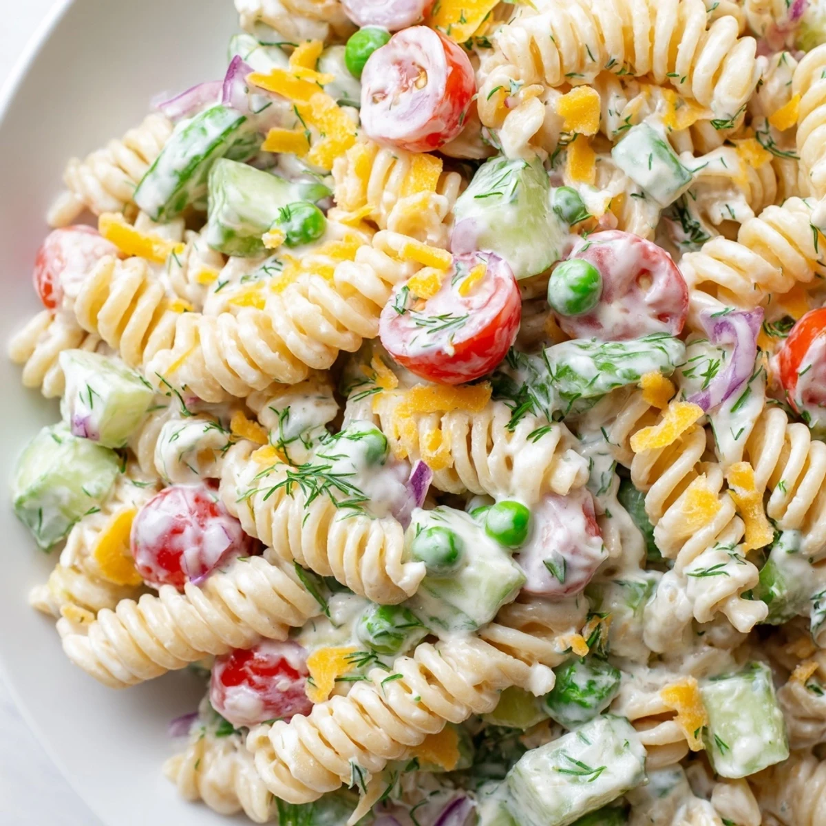 Creamy ranch pasta salad in a large serving bowl with colorful vegetables and herbs