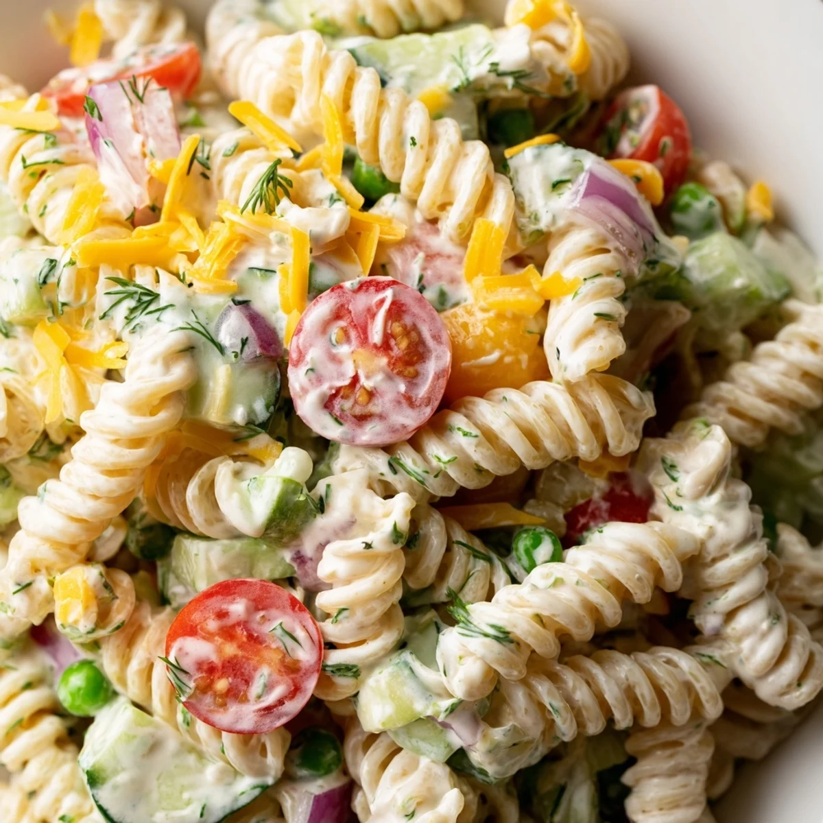 Chilled creamy ranch pasta salad topped with diced cucumber, tomatoes, and fresh dill