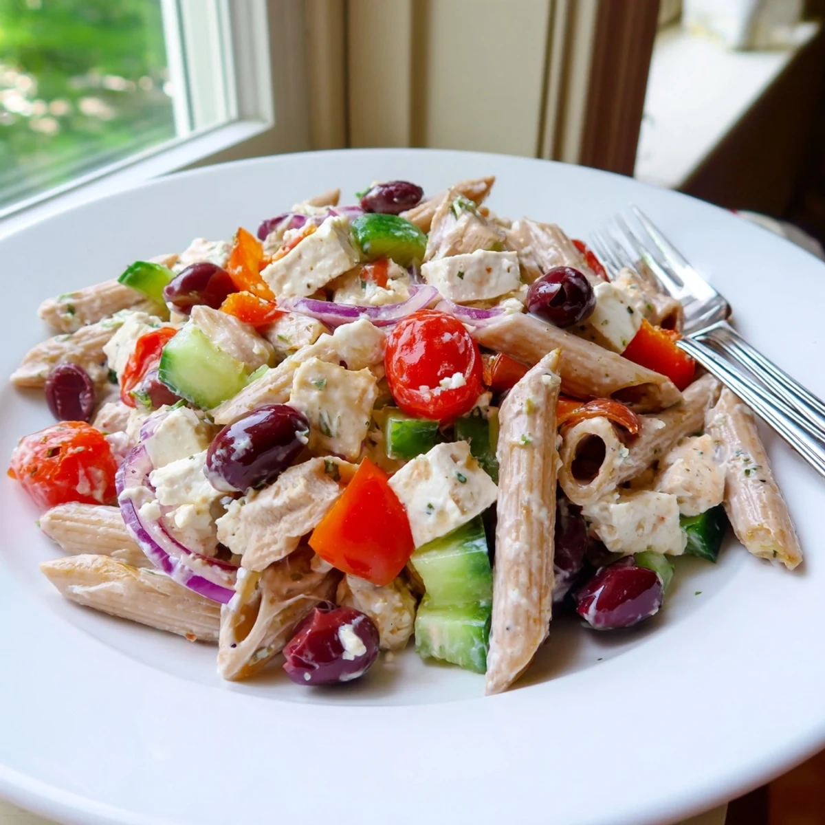 Colorful High Protein Greek Pasta Salad loaded with crunchy vegetables, tender chicken, and creamy feta chunks