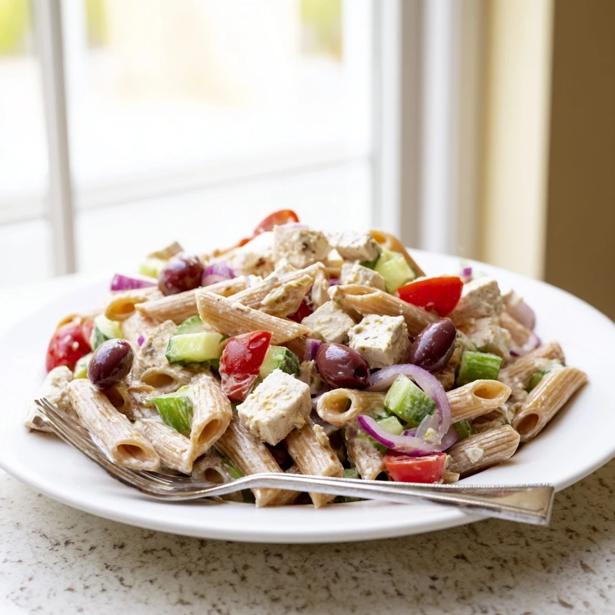 High Protein Greek Pasta Salad in a white bowl featuring ripe tomatoes, cucumber, and tangy feta