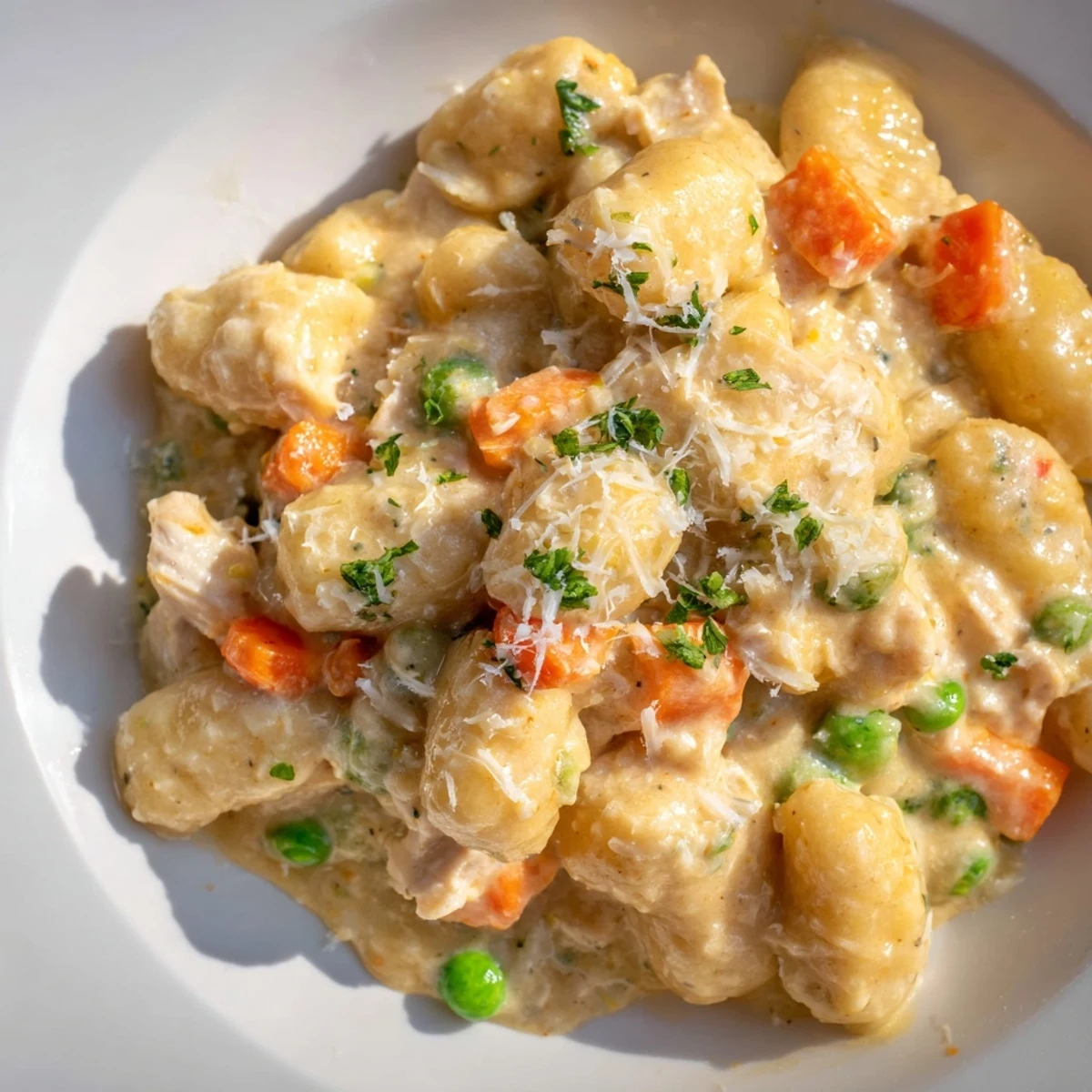 Creamy One Pot Gnocchi Chicken Pot Pie topped with fresh parsley in a rustic skillet