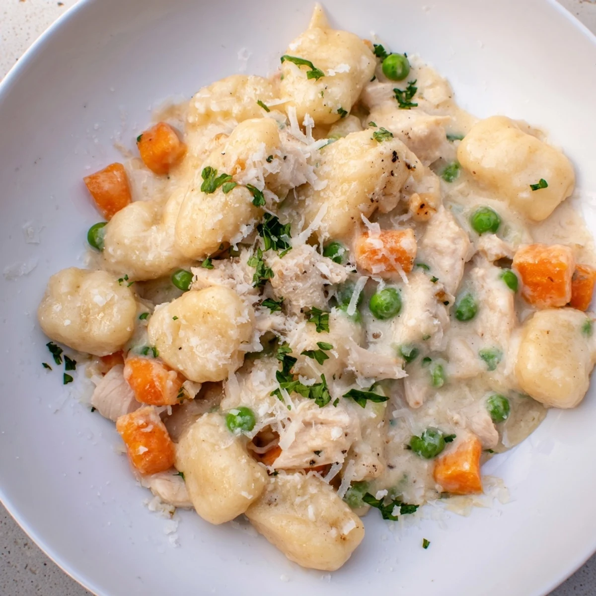 Golden One Pot Gnocchi Chicken Pot Pie with tender vegetables in rich, velvety sauce