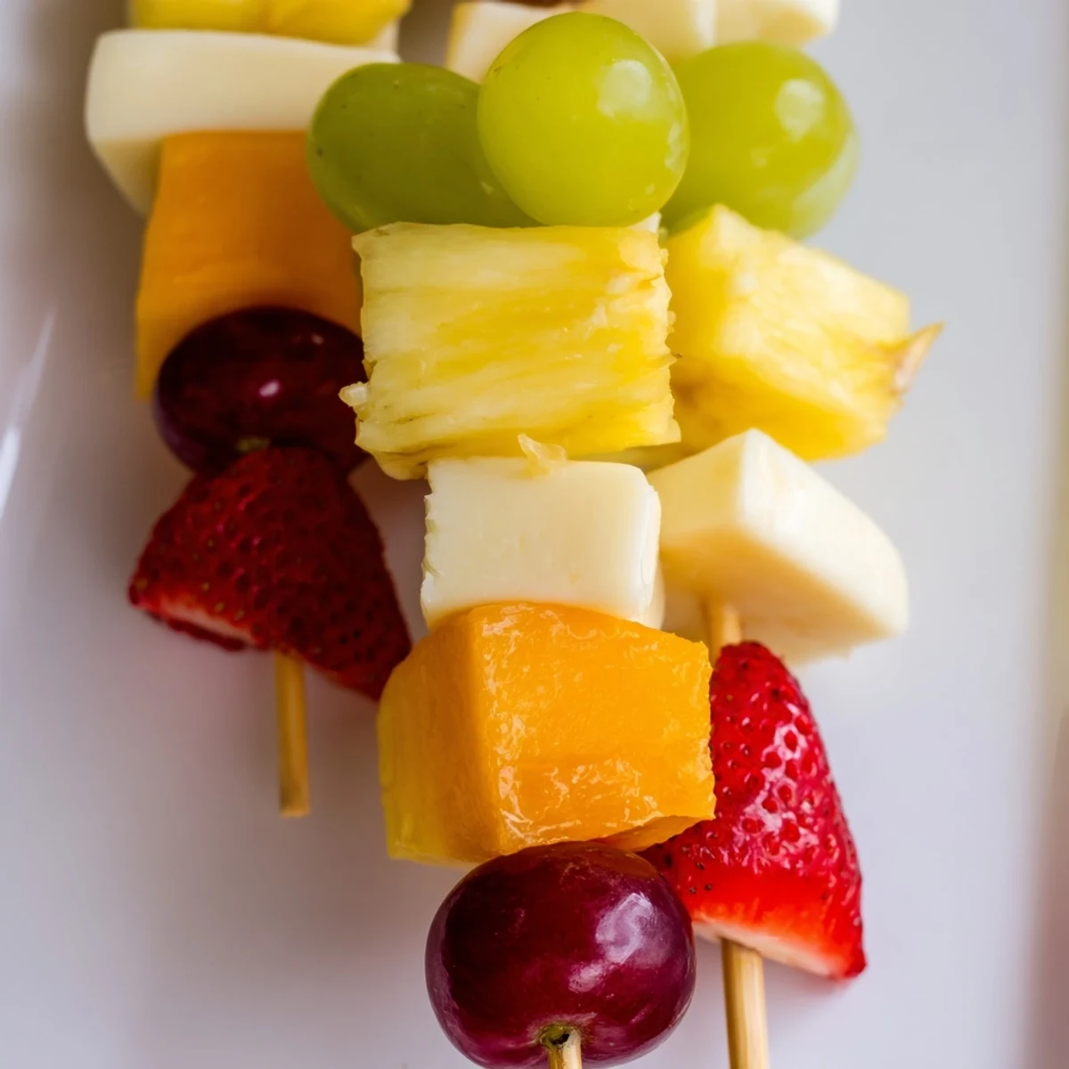 Juicy grapes strawberries and cubed cheeses threaded on wooden skewers for parties