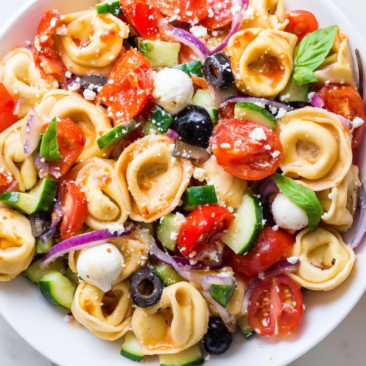 Colorful tortellini salad with cherry tomatoes, cucumber, and mozzarella in Italian dressing