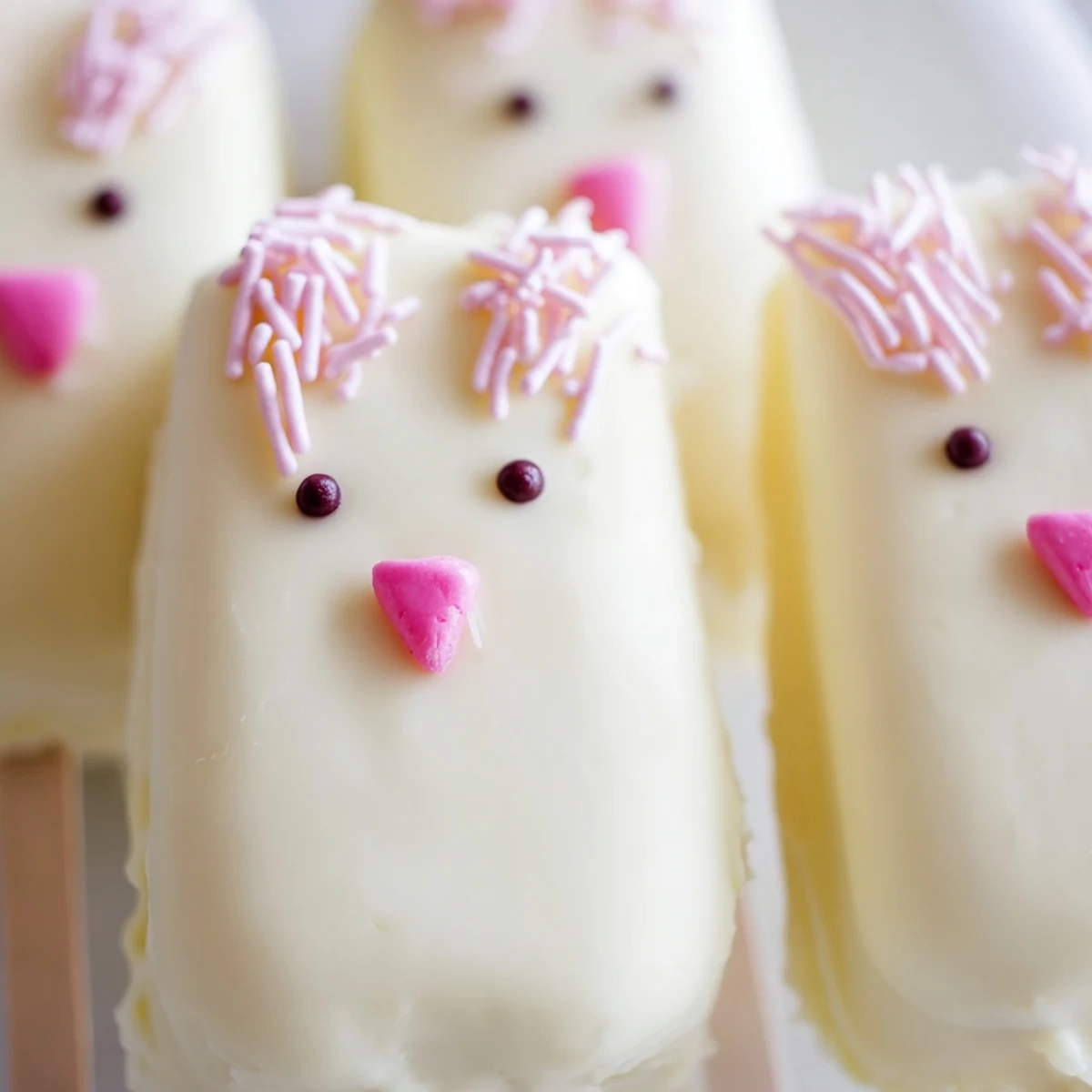 Adorable white chocolate bunny cakesicles with candy eyes on a festive Easter serving tray