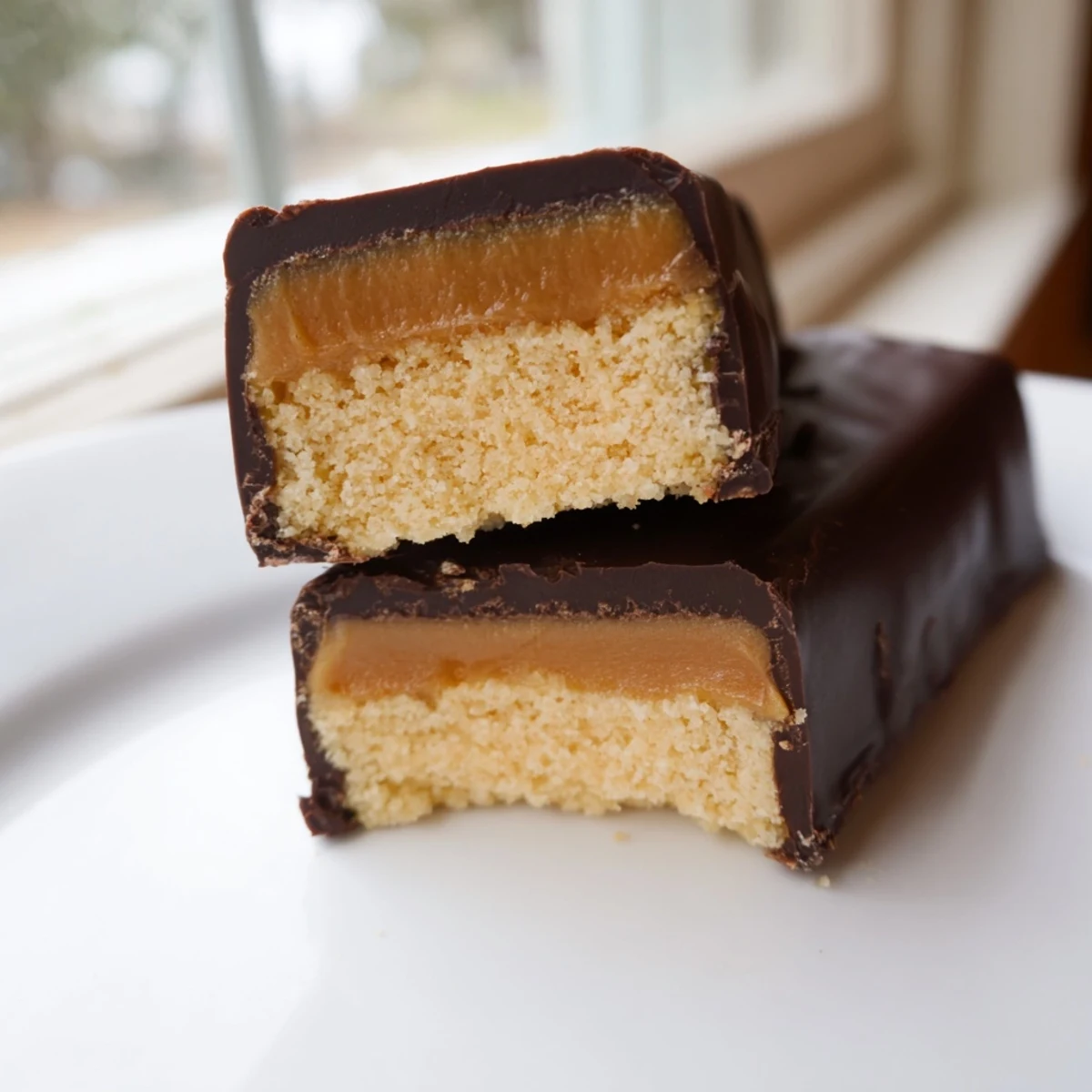 Golden Healthy Twix Bars with glossy chocolate topping and creamy caramel layer on rustic wood board