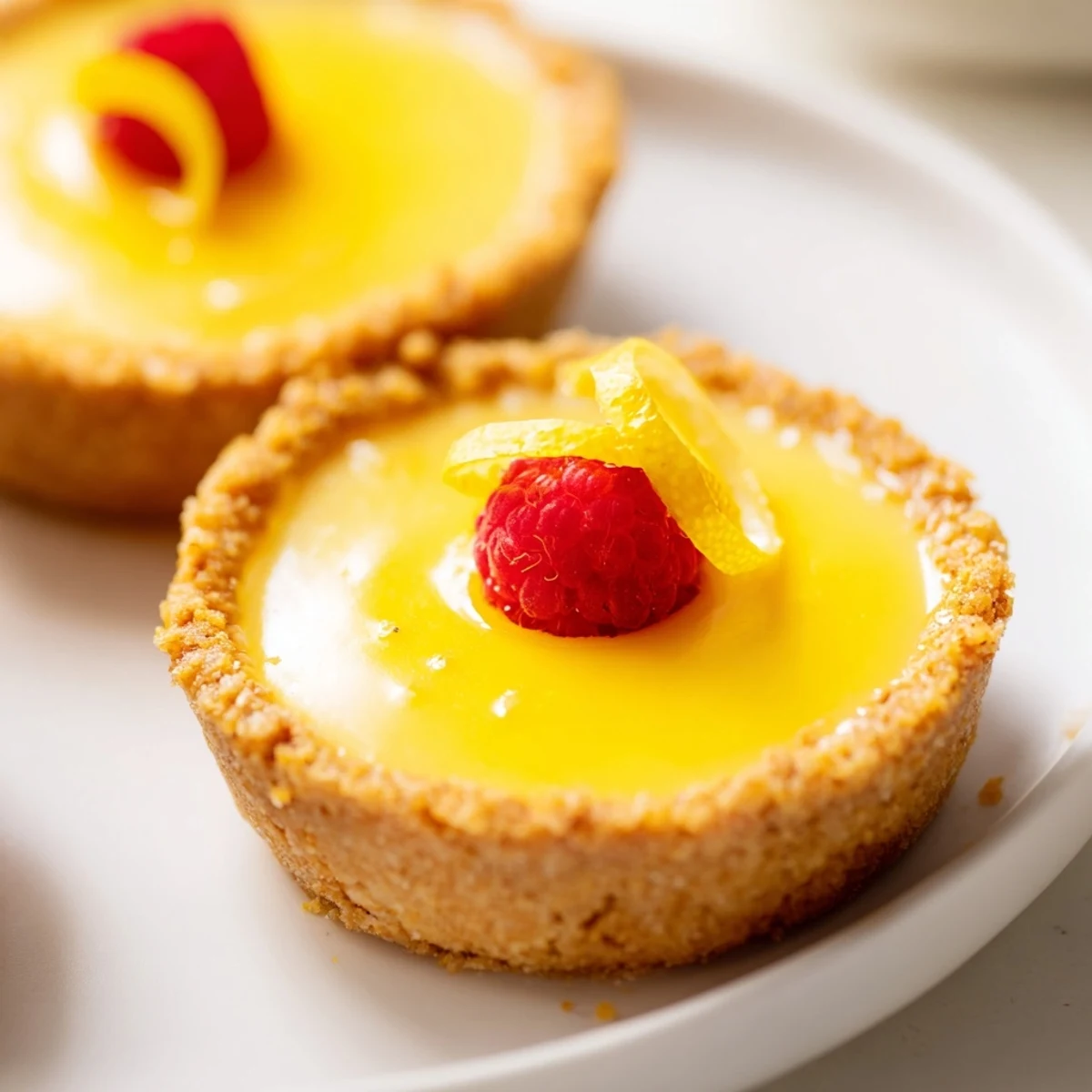 Mini vegan lemon tarts topped with fresh berries on a rustic white serving plate