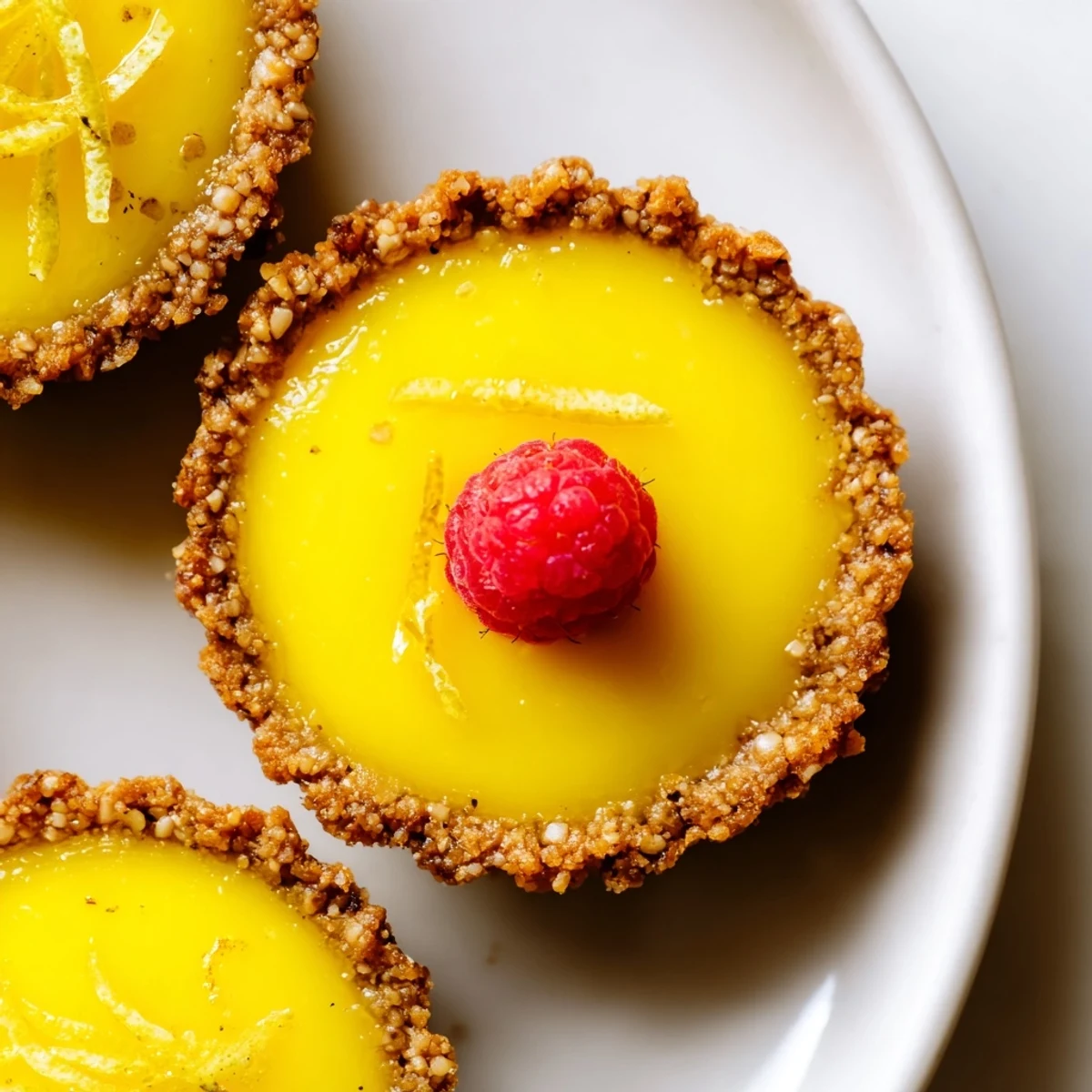 Golden mini vegan lemon tarts with glossy custard filling in crispy almond crusts