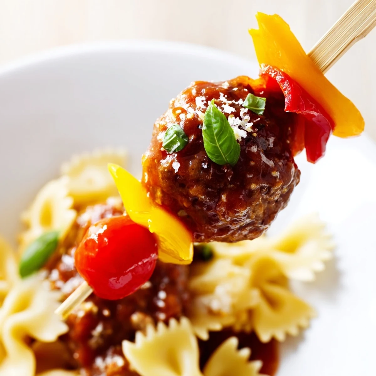 Juicy cocktail meatballs and bowtie pasta skewers drizzled with tangy glaze on a platter