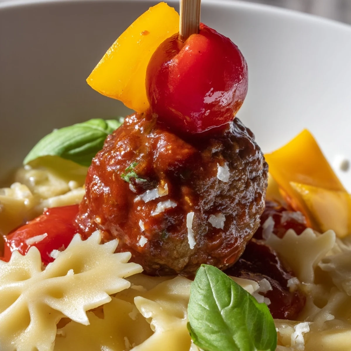 Colorful bowtie pasta and cocktail meatball skewers featuring red peppers and grape tomatoes