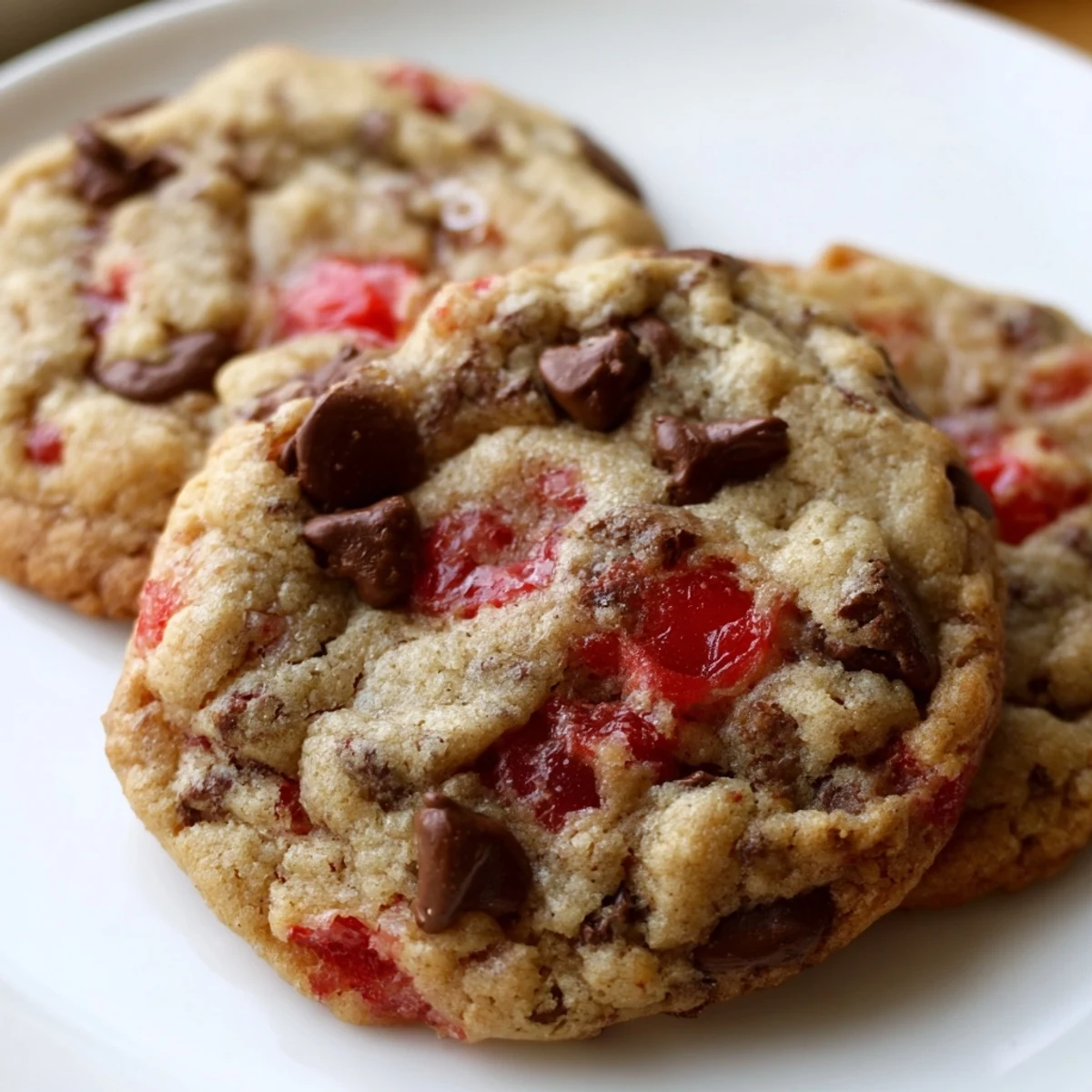 Soft maraschino cherry chocolate chip cookies with melty chips and vibrant red fruit pieces