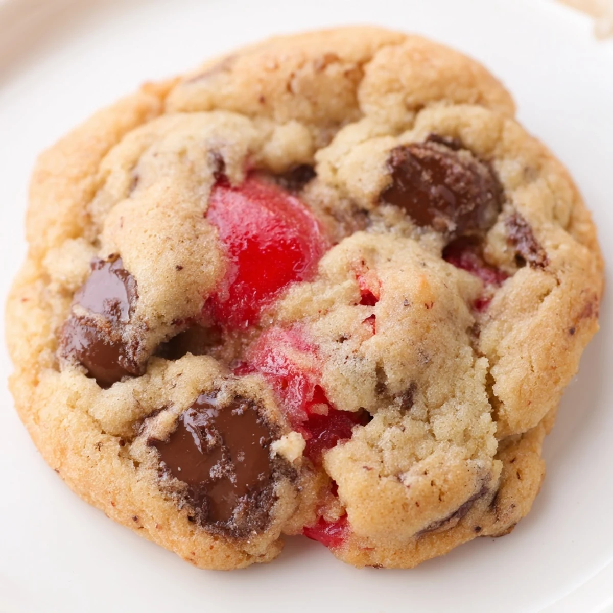 Chewy maraschino cherry chocolate chip cookies fresh from the oven with golden edges