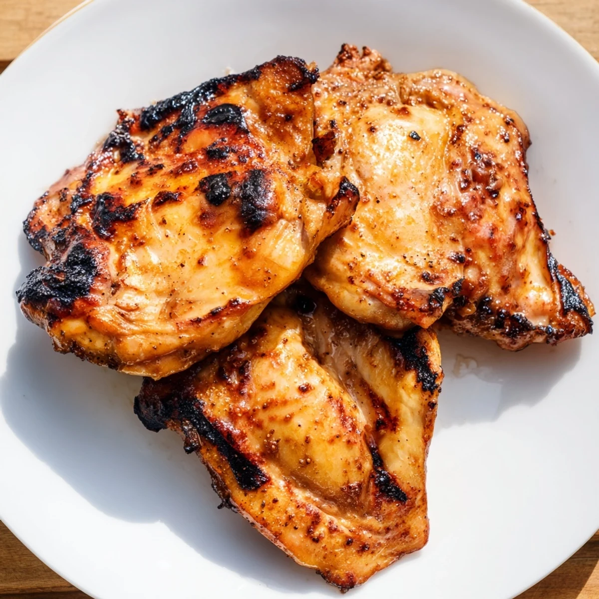 Golden crispy chicken thighs glazed with killer chicken thigh marinade fresh off the grill