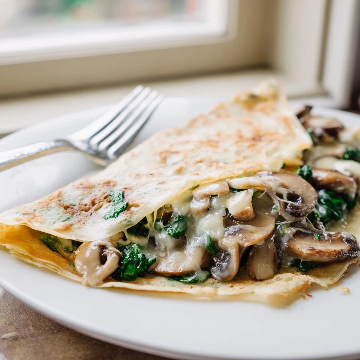 Golden savory crepes filled with sautéed spinach, mushrooms, and melted Gruyère cheese
