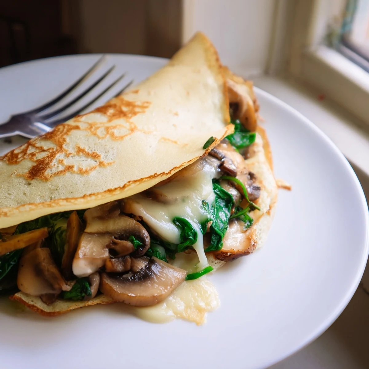 Thin French savory crepes rolled around garlicky spinach and melted cheese filling