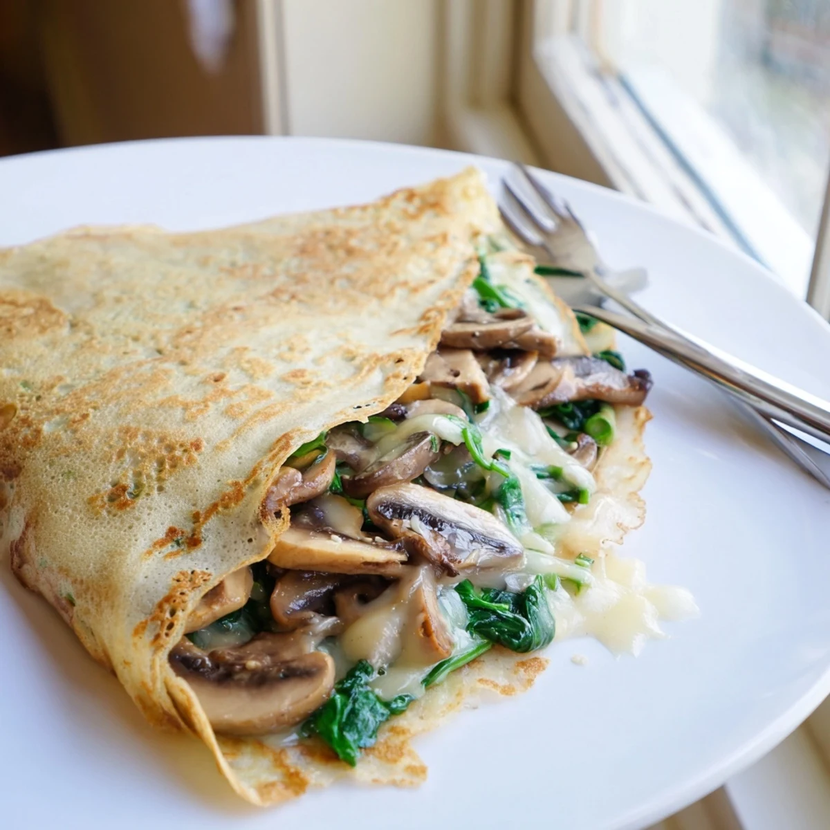 Savory crepes folded over golden mushrooms and spinach, served warm on a plate