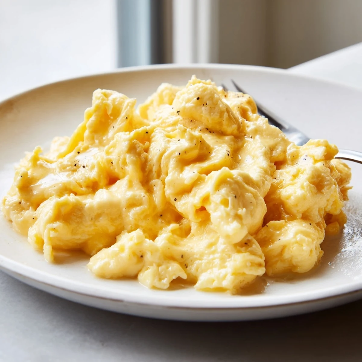 Creamy scrambled eggs served on a warm plate with golden buttery curds