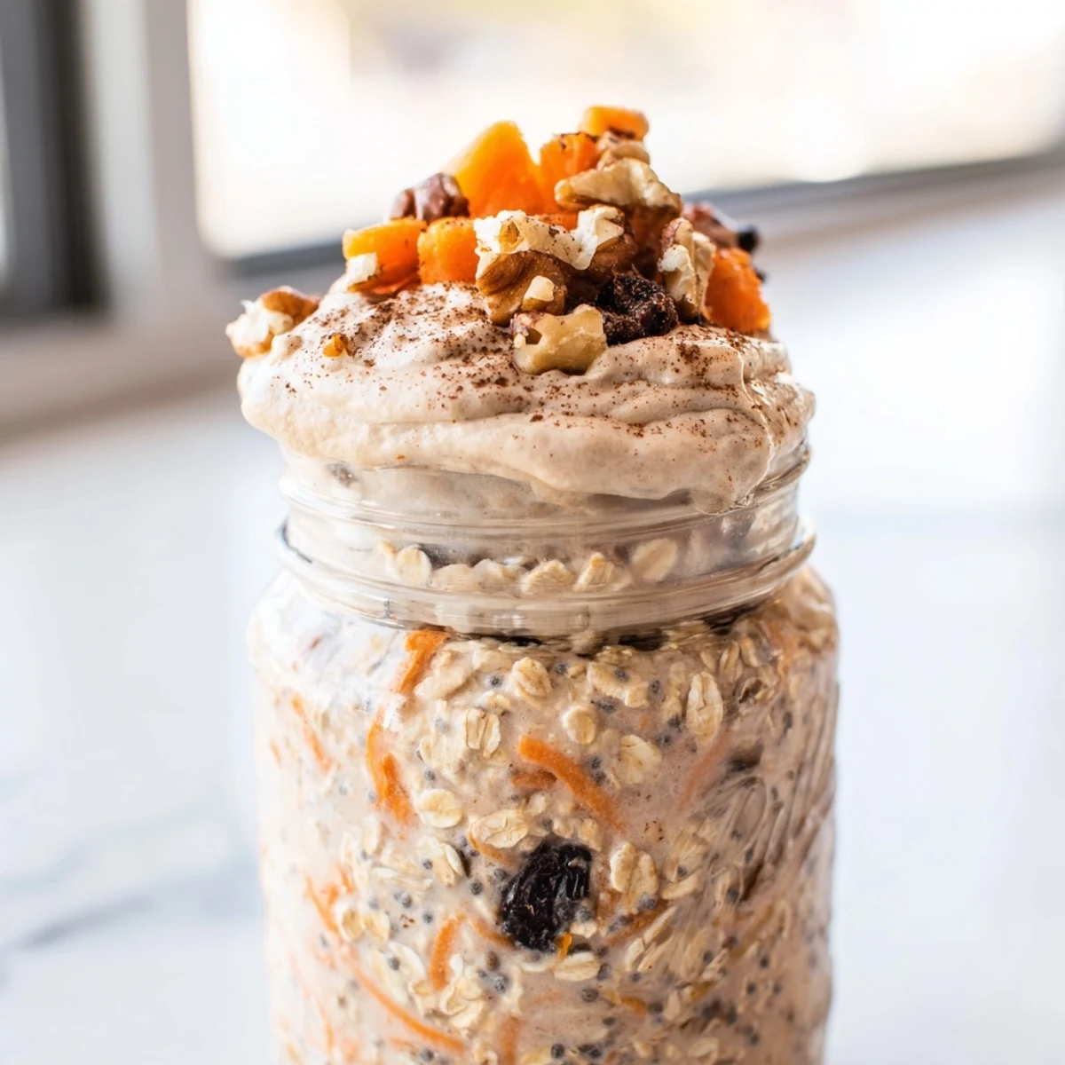 Creamy carrot cake overnight oats topped with walnuts and a swirled cream cheese drizzle
