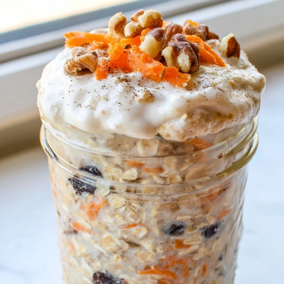 Layered carrot cake overnight oats featuring grated carrots, warm cinnamon, and crunchy walnut pieces