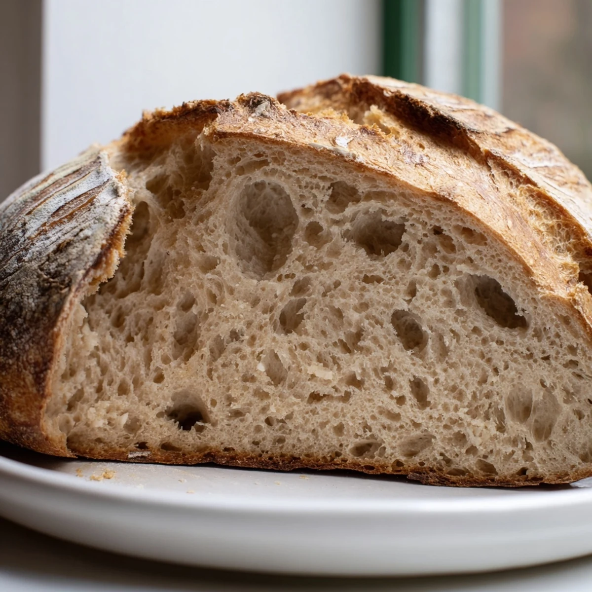 Golden sourdough bread loaf with a crackled crust resting on a rustic cutting board