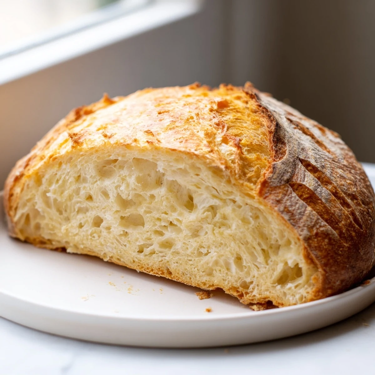 Freshly baked sourdough bread scored with decorative slashes beside a spreading knife