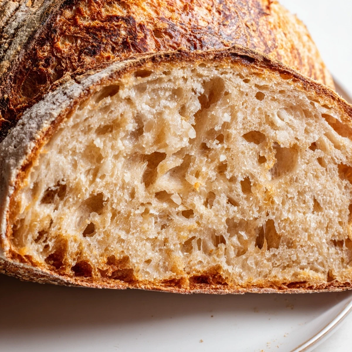Thick slice of artisan sourdough bread revealing an airy, chewy crumb inside