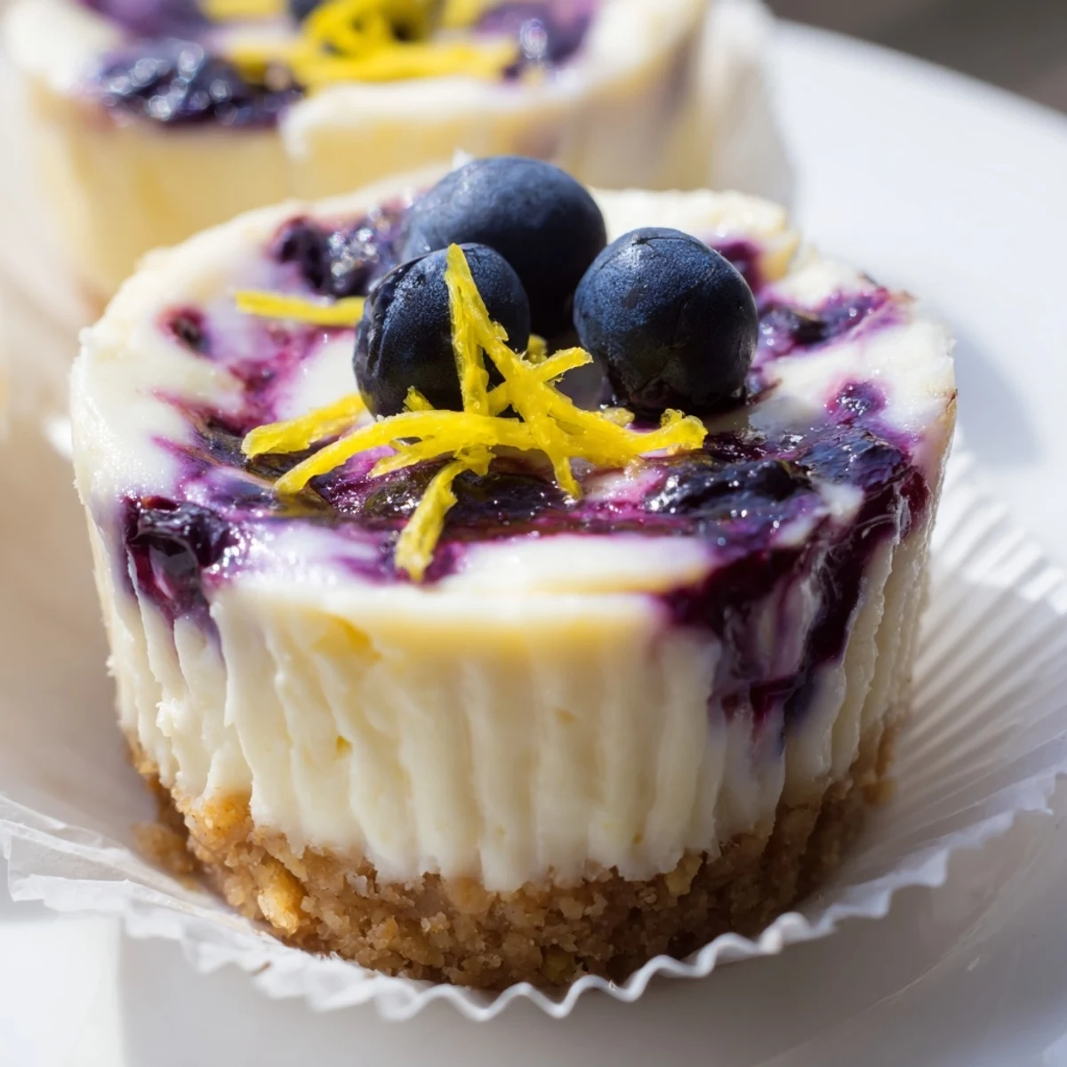 Golden mini lemon blueberry cheesecakes topped with vibrant berry compote on graham crusts