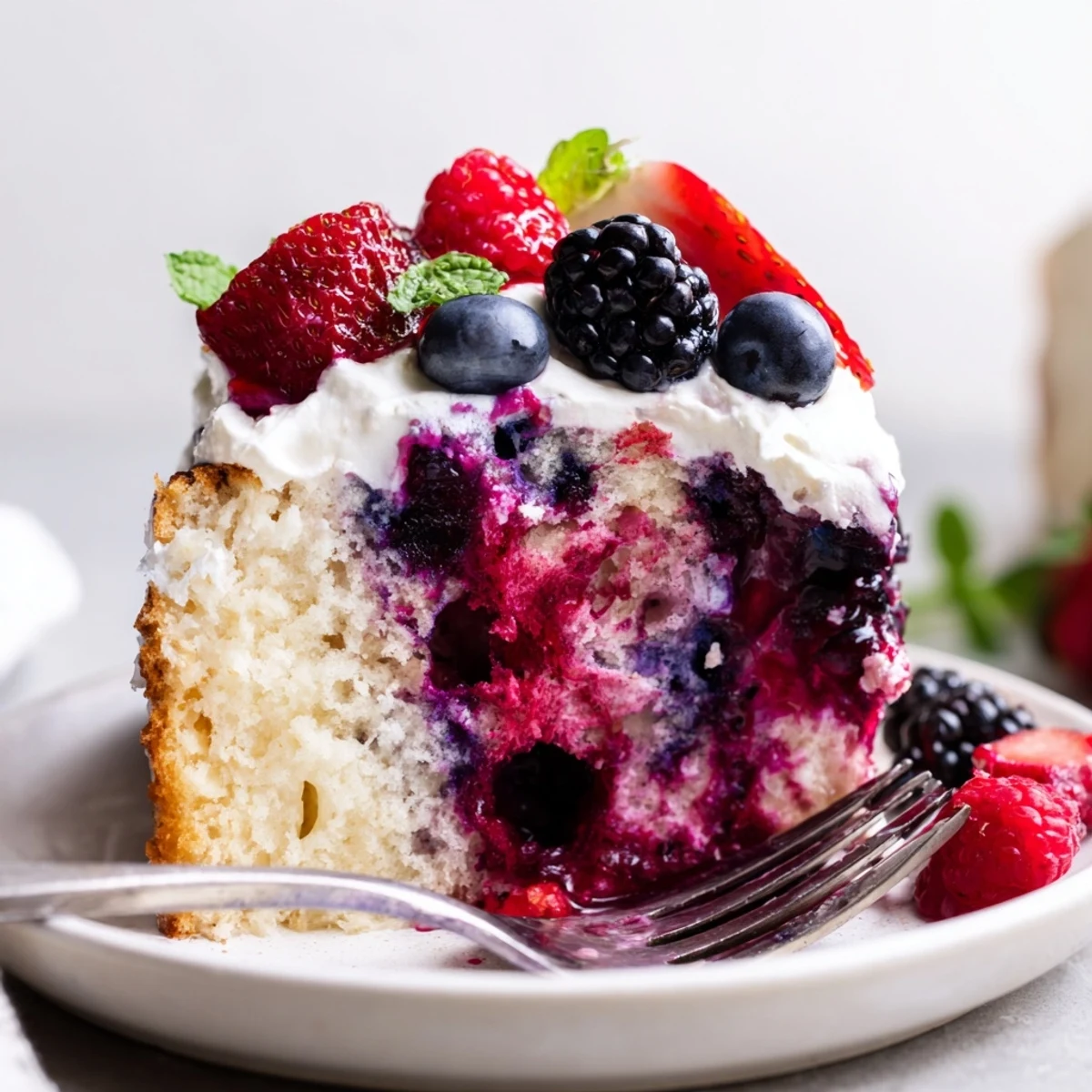 A slice of Summer Berry Poke Cake topped with fresh berries and whipped cream.