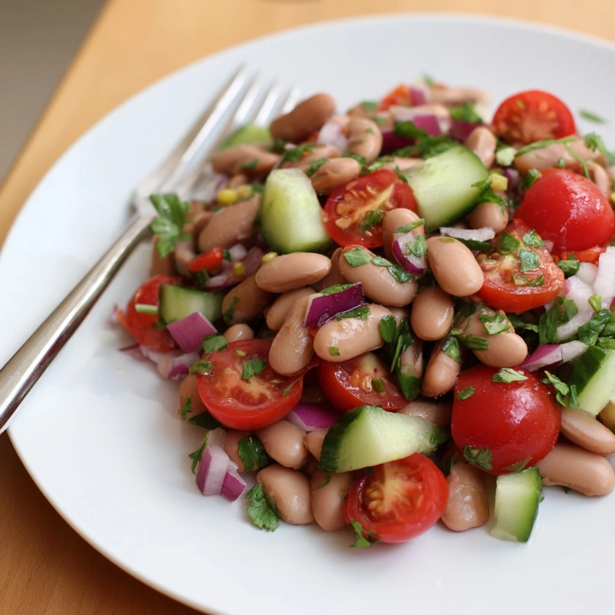Fresh pinto bean salad served in a white bowl garnished with chopped cilantro