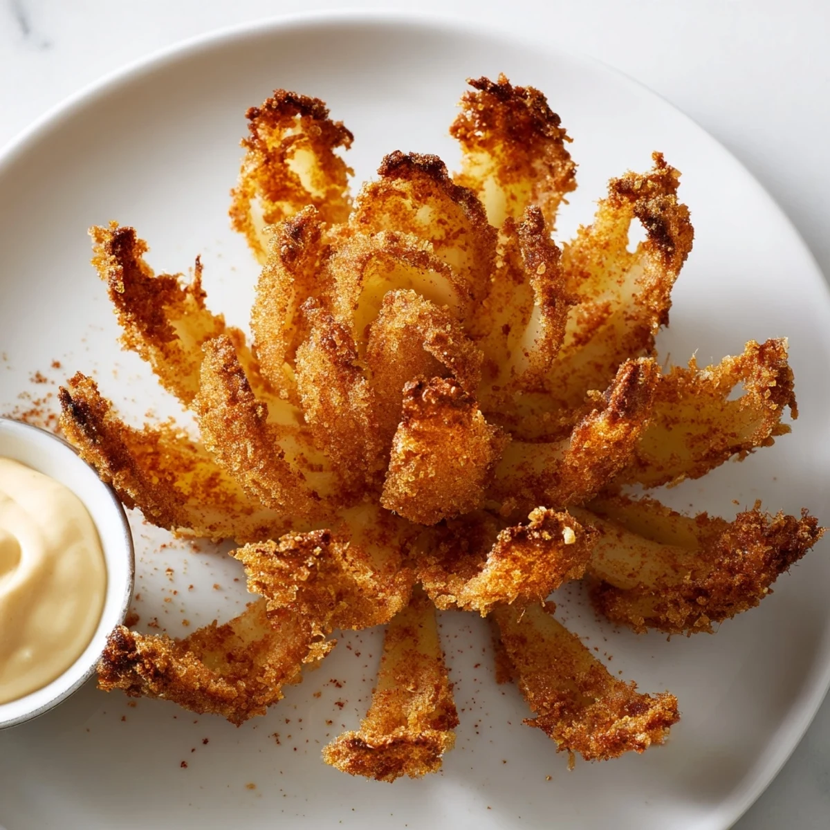 Golden crispy mini bloomin onions served with spicy horseradish dipping sauce