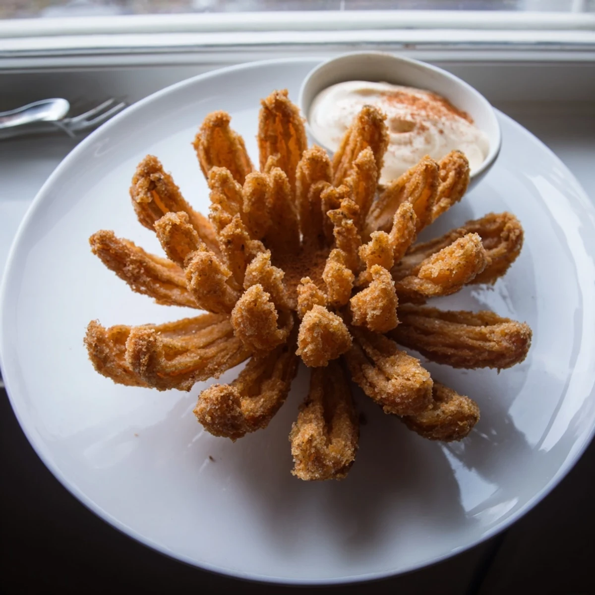 Hot crispy mini bloomin onions beside a bowl of creamy dip