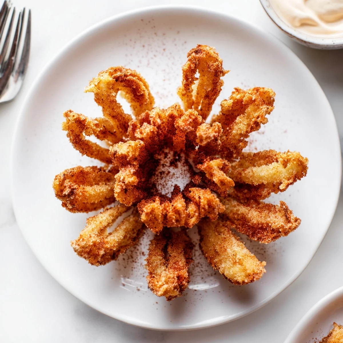 Deep-fried mini bloomin onions with crunchy petals arranged on a platter