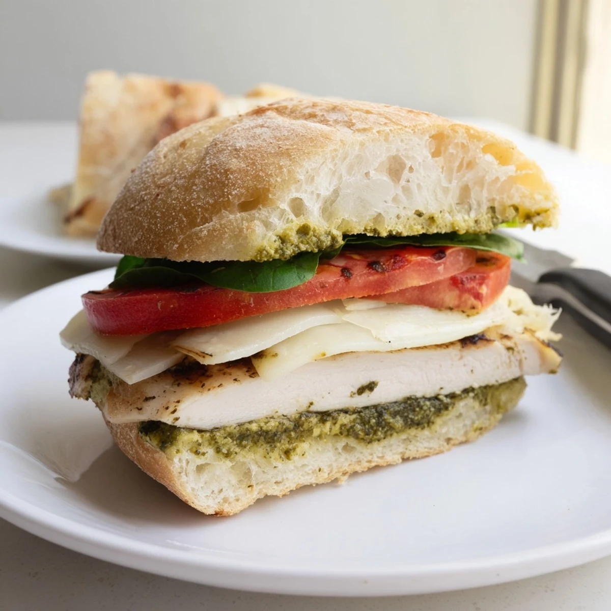 Golden grilled chicken with melted mozzarella on a toasted ciabatta chicken pesto sandwich recipe