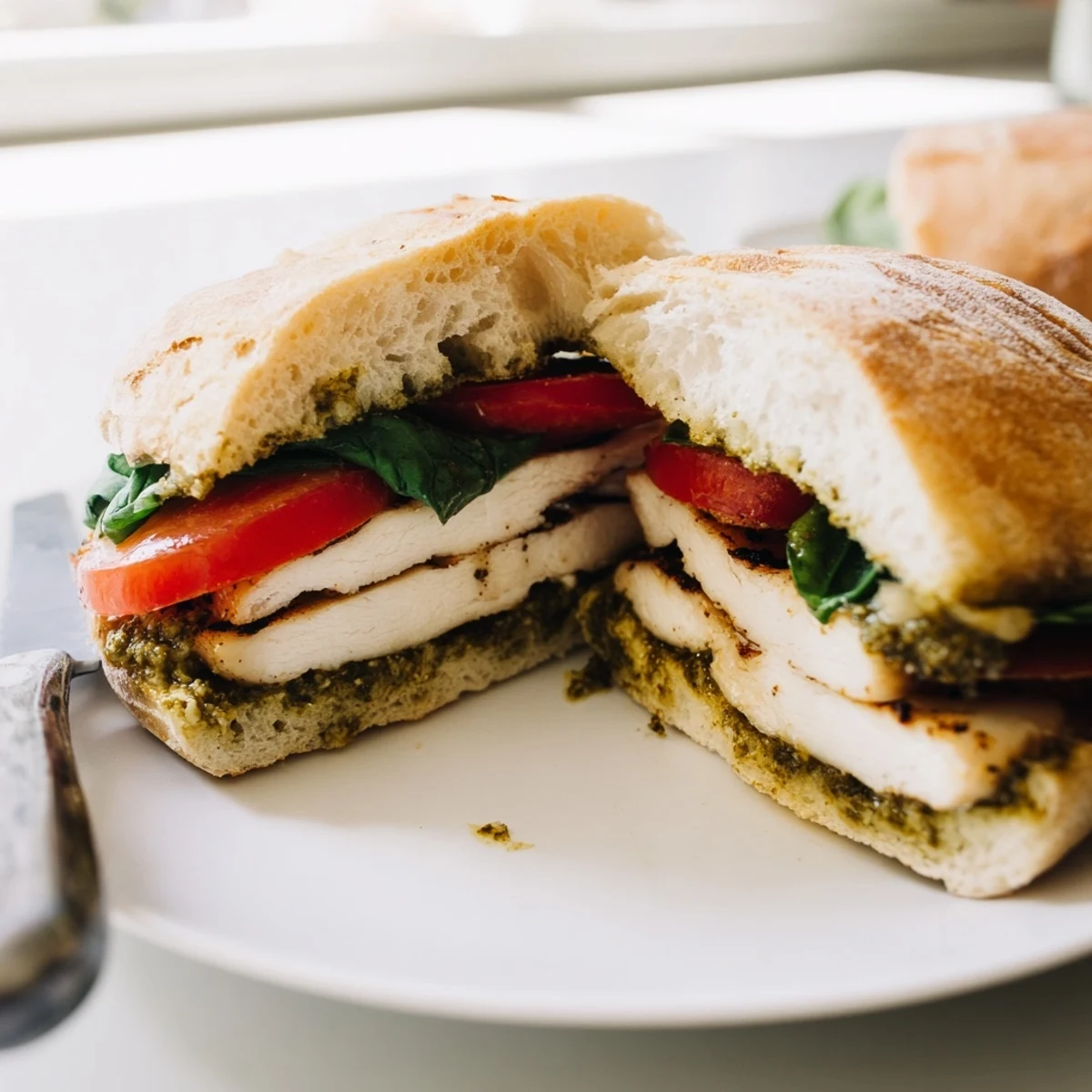 Warm sliced chicken and fresh basil pesto layered inside a chicken pesto sandwich recipe