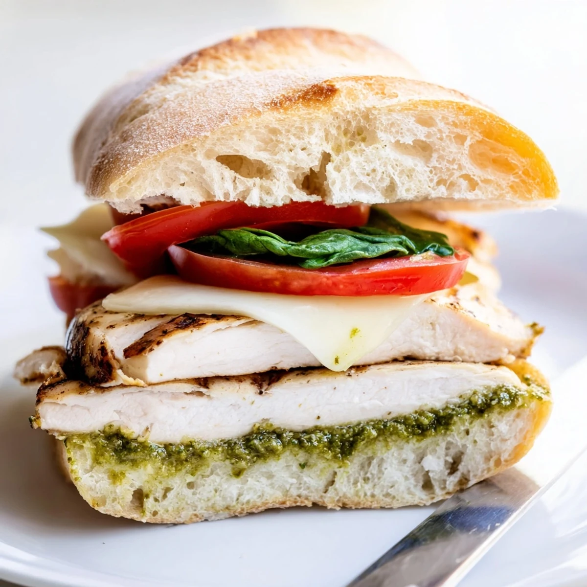 Juicy chicken cutlet with gooey cheese and tomato in this chicken pesto sandwich recipe