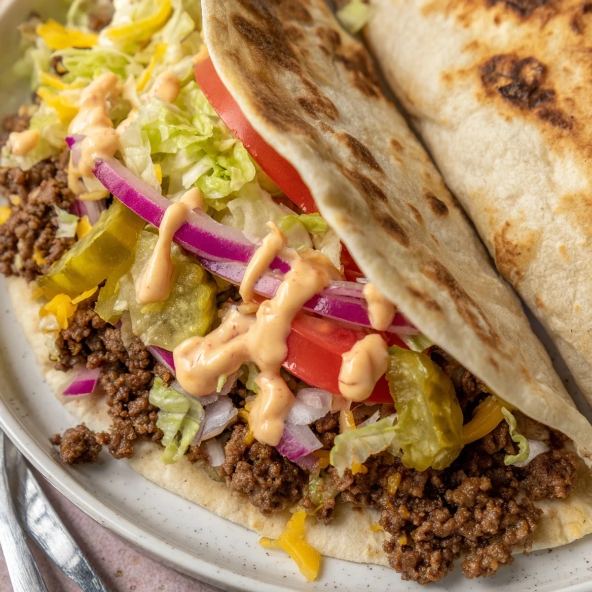Crispy smash burger tacos topped with melted cheddar, fresh lettuce, and tangy sauce