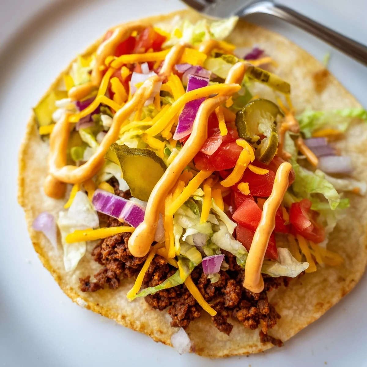 A sizzling smash burger tacos recipe drizzled with creamy burger sauce and pickles