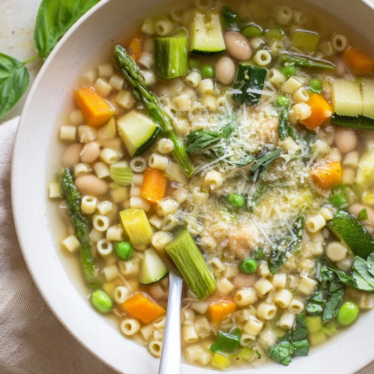 Steaming bowl of spring minestrone soup loaded with tender pasta and bright green vegetables.